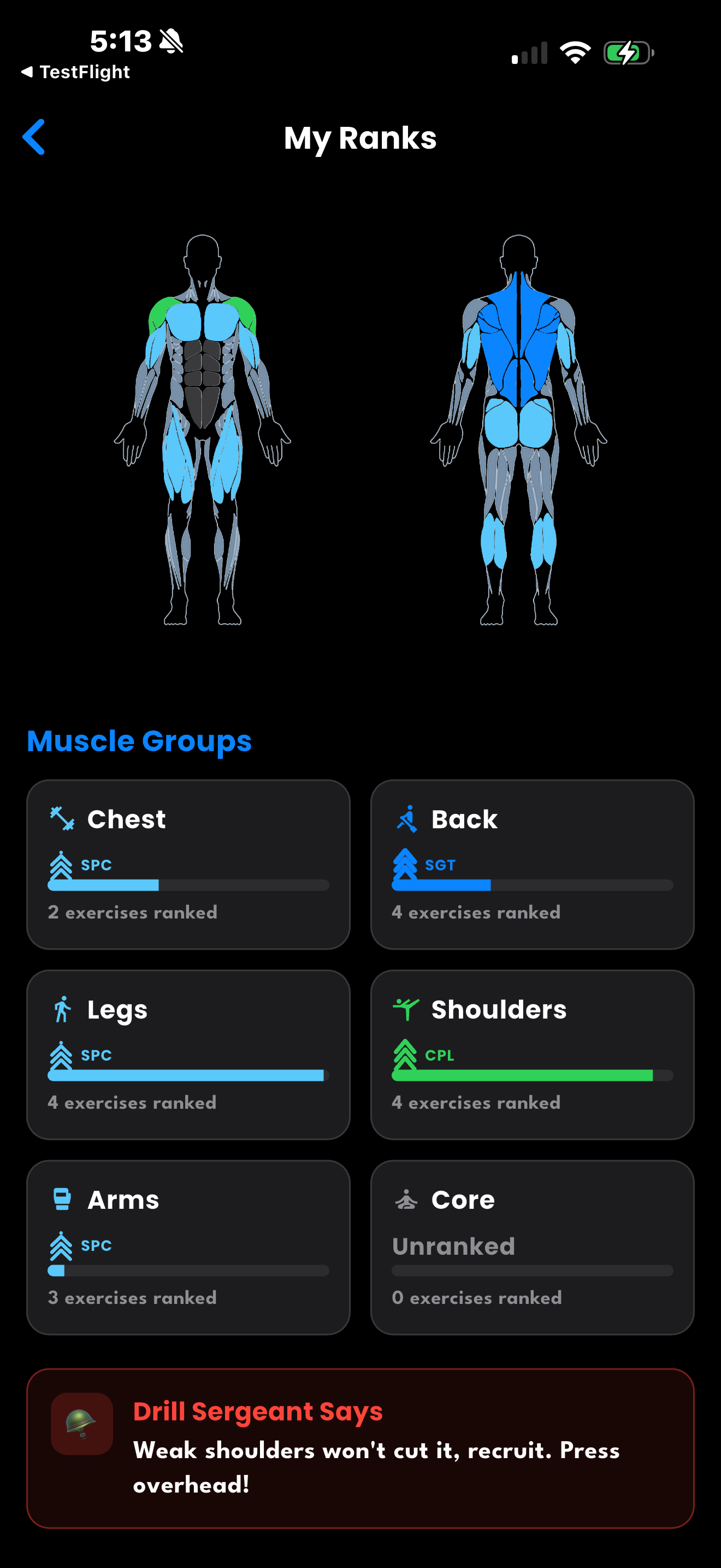 DrillFit My Ranks screen showing the Specialist rank and the full rank ladder from Private to Sergeant Major of the Army